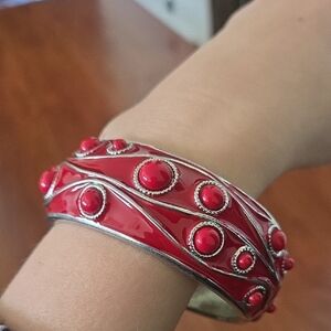 Elegant Red and Silver Bangle Bracelet